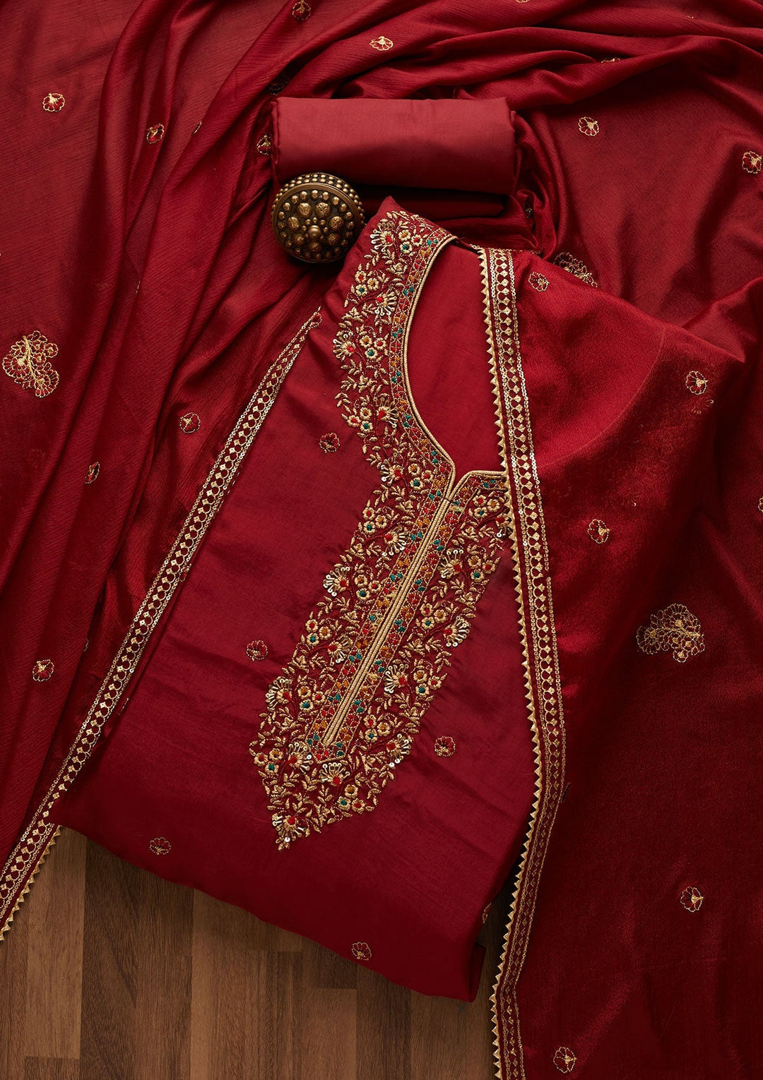 Maroon Zariwork Semi Crepe Unstitched Salwar Suit-Koskii