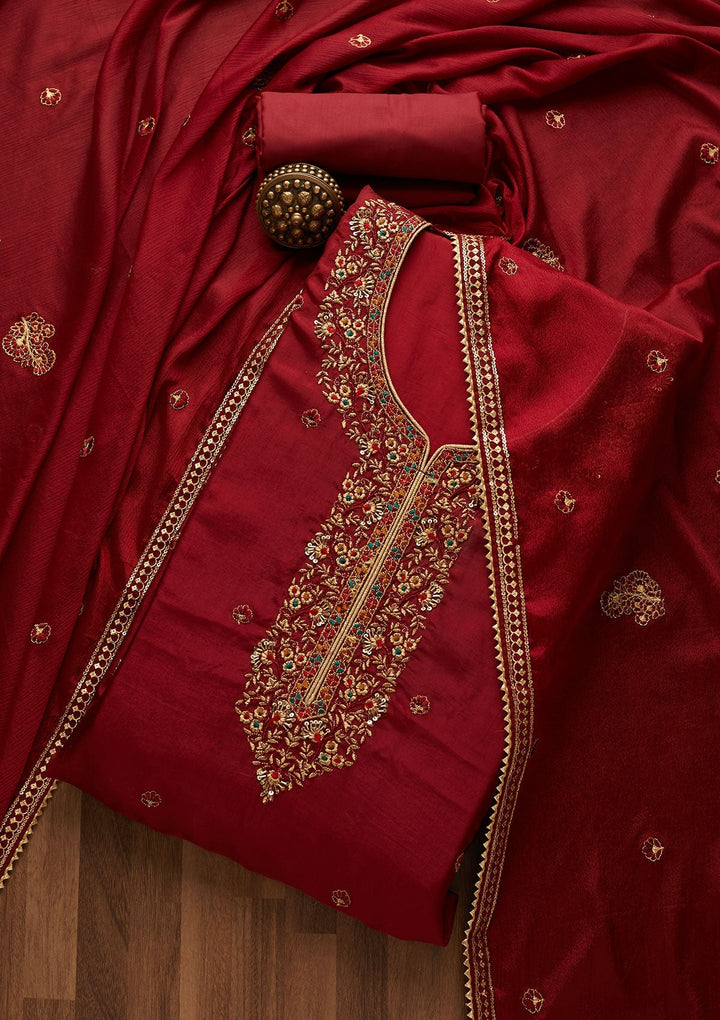 Maroon Zariwork Semi Crepe Unstitched Salwar Suit-Koskii