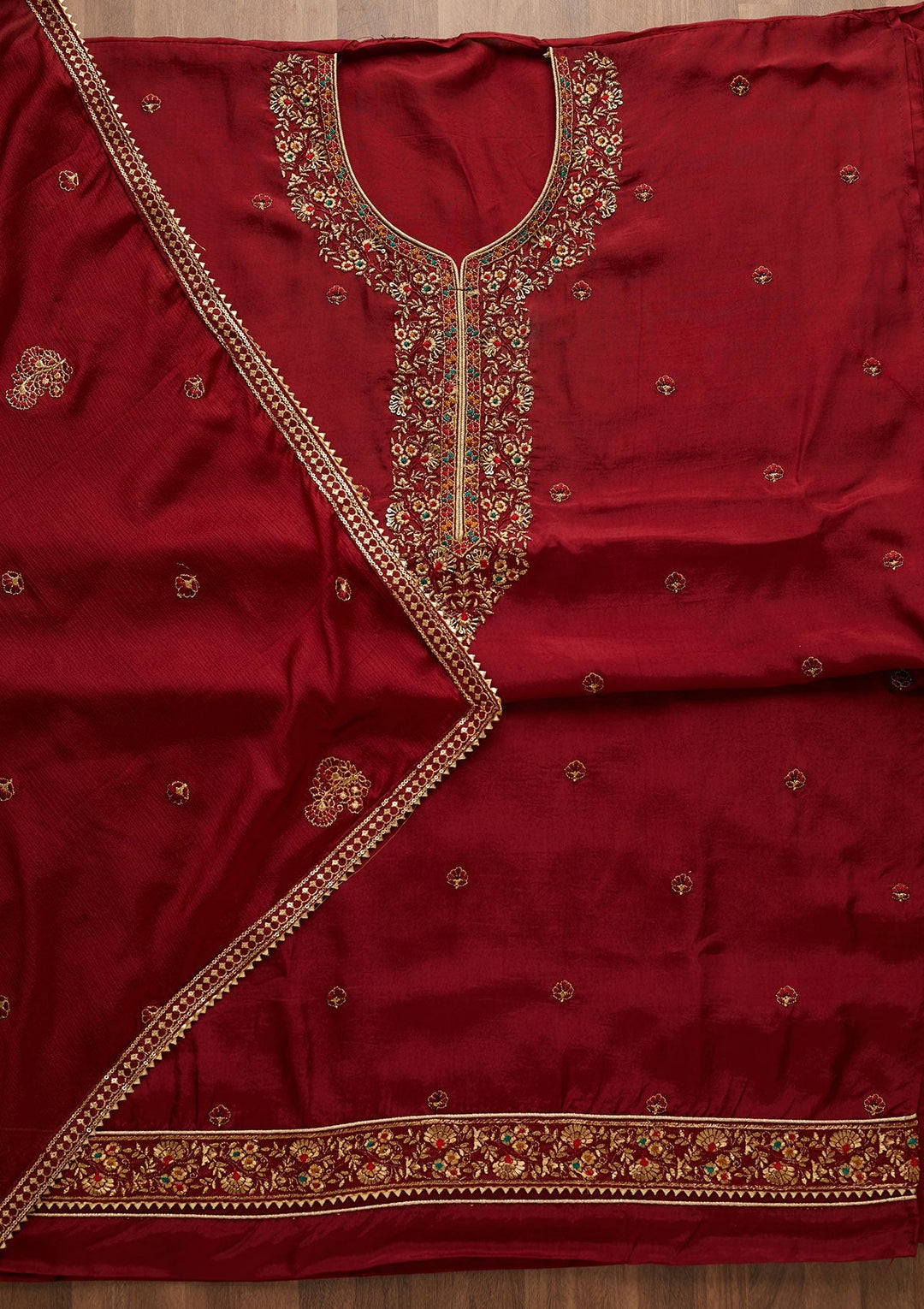 Maroon Zariwork Semi Crepe Unstitched Salwar Suit-Koskii
