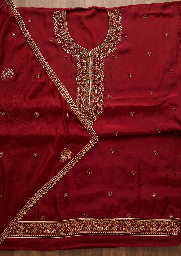 Maroon Zariwork Semi Crepe Unstitched Salwar Suit-Koskii
