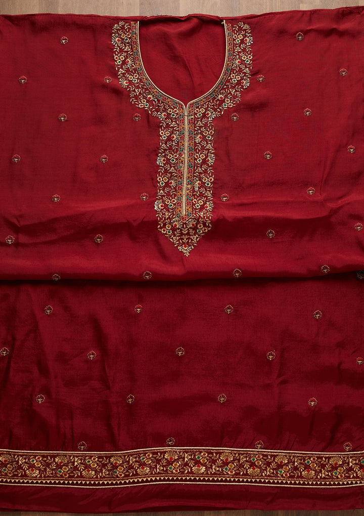Maroon Zariwork Semi Crepe Unstitched Salwar Suit-Koskii