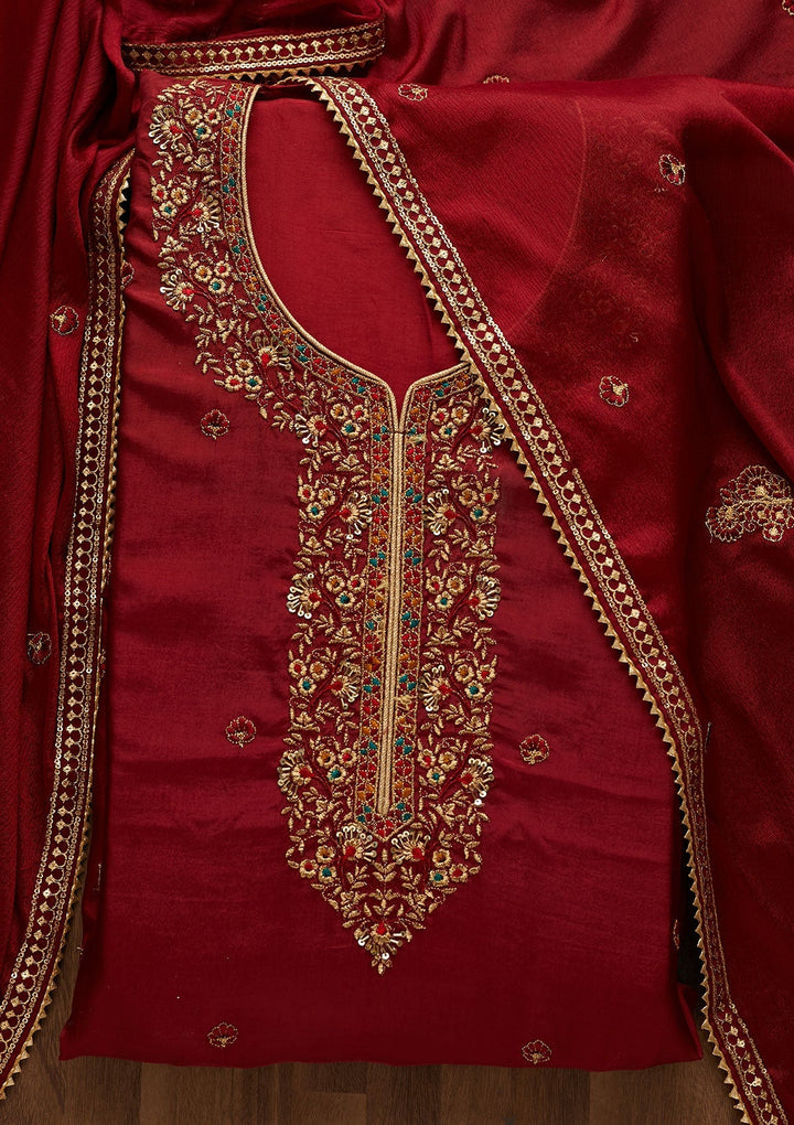 Maroon Zariwork Semi Crepe Unstitched Salwar Suit-Koskii