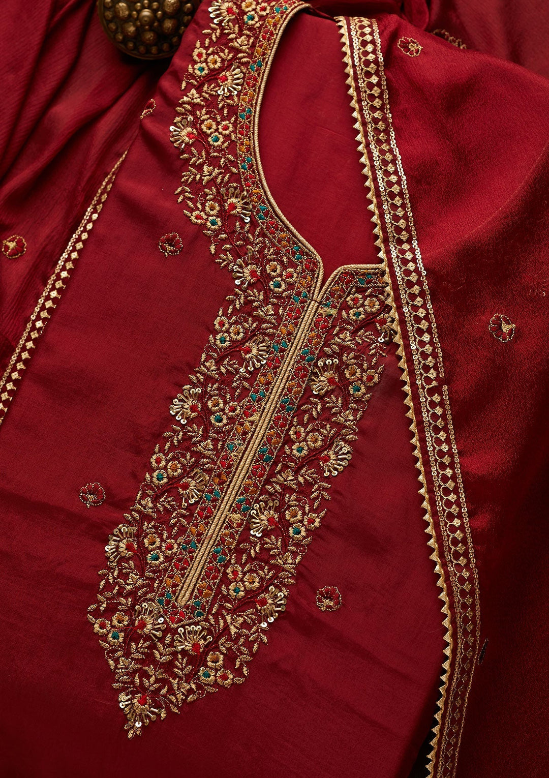 Maroon Zariwork Semi Crepe Unstitched Salwar Suit-Koskii