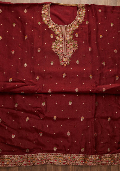 Maroon Zariwork Semi Crepe Unstitched Salwar Suit-Koskii