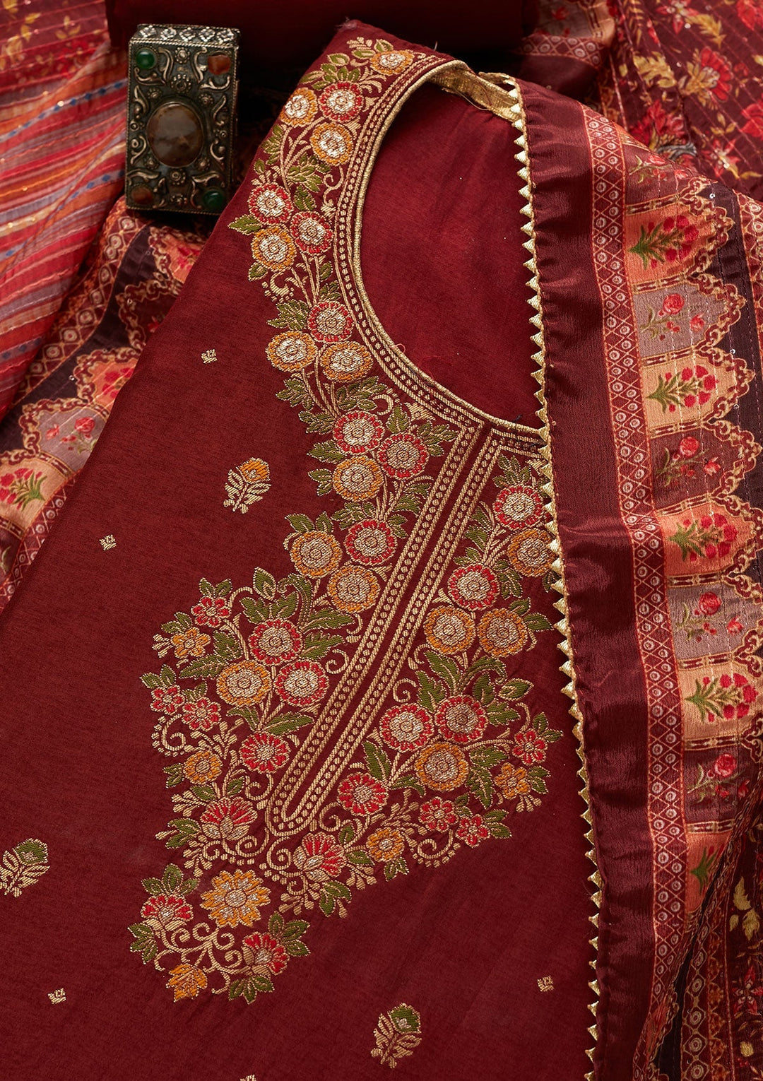 Maroon Zariwork Semi Crepe Unstitched Salwar Suit-Koskii