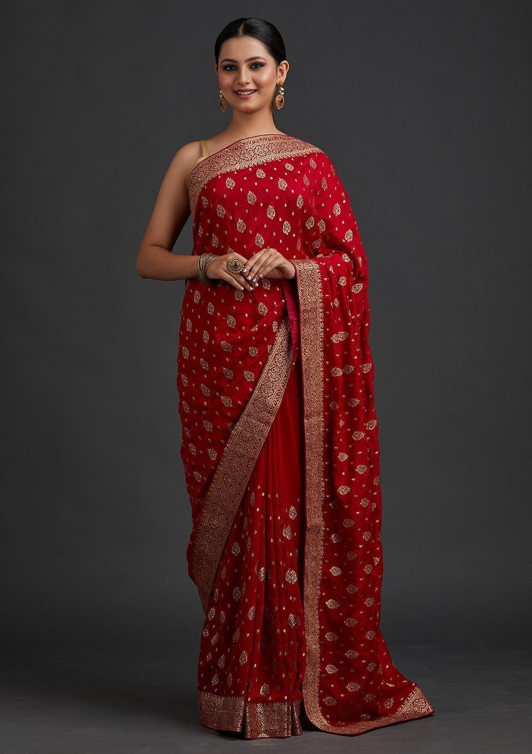 Maroon Zariwork Semi Crepe Designer Saree - koskii