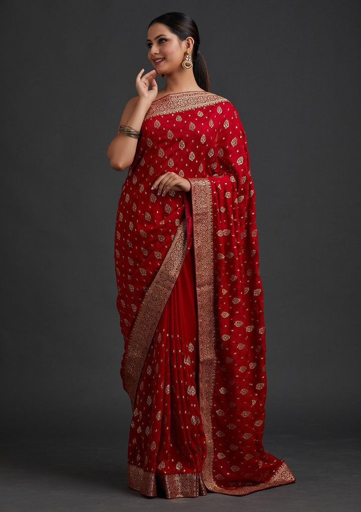 Maroon Zariwork Semi Crepe Designer Saree - koskii