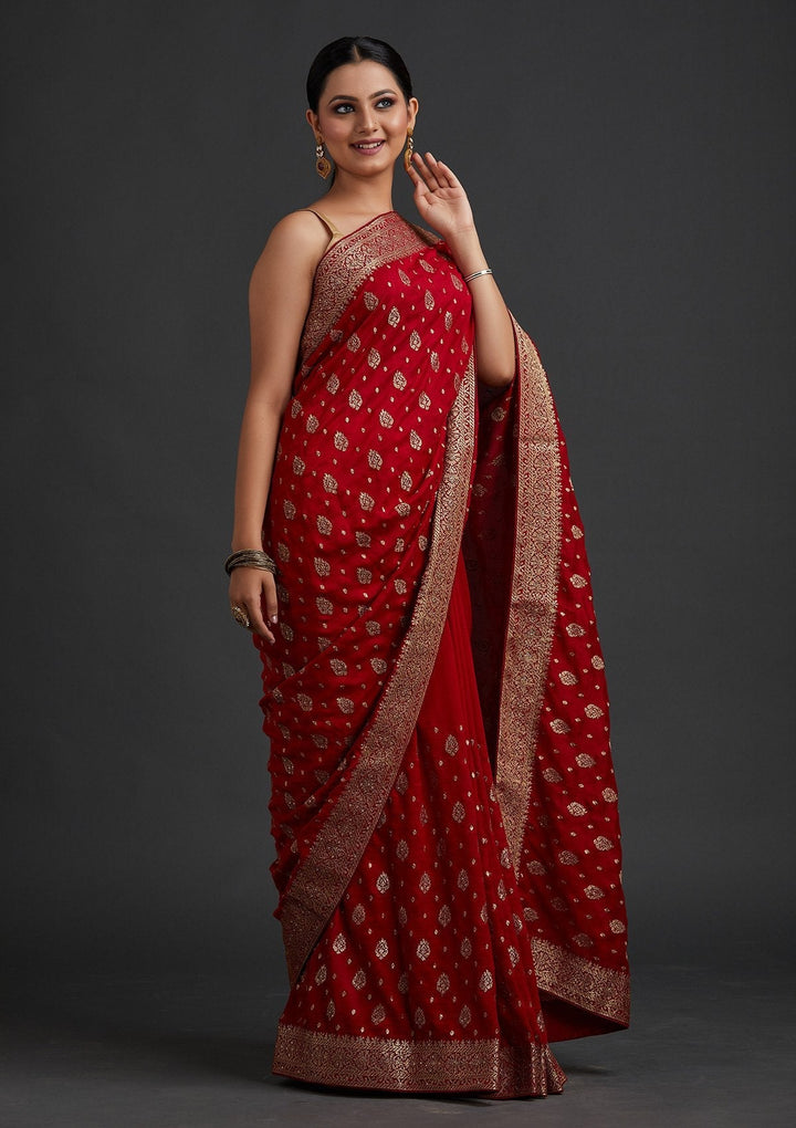 Maroon Zariwork Semi Crepe Designer Saree - koskii