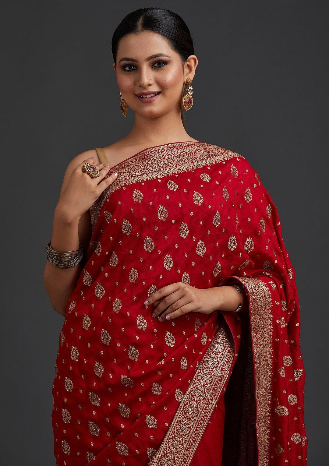 Maroon Zariwork Semi Crepe Designer Saree - koskii