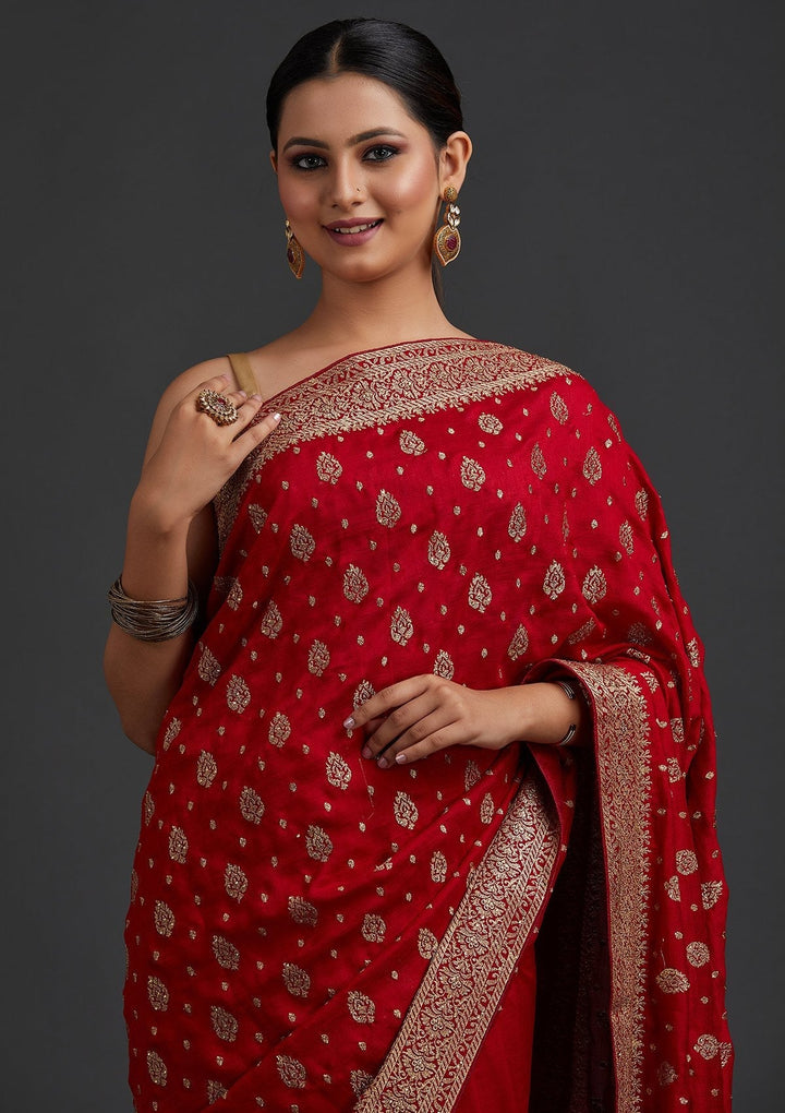 Maroon Zariwork Semi Crepe Designer Saree - koskii