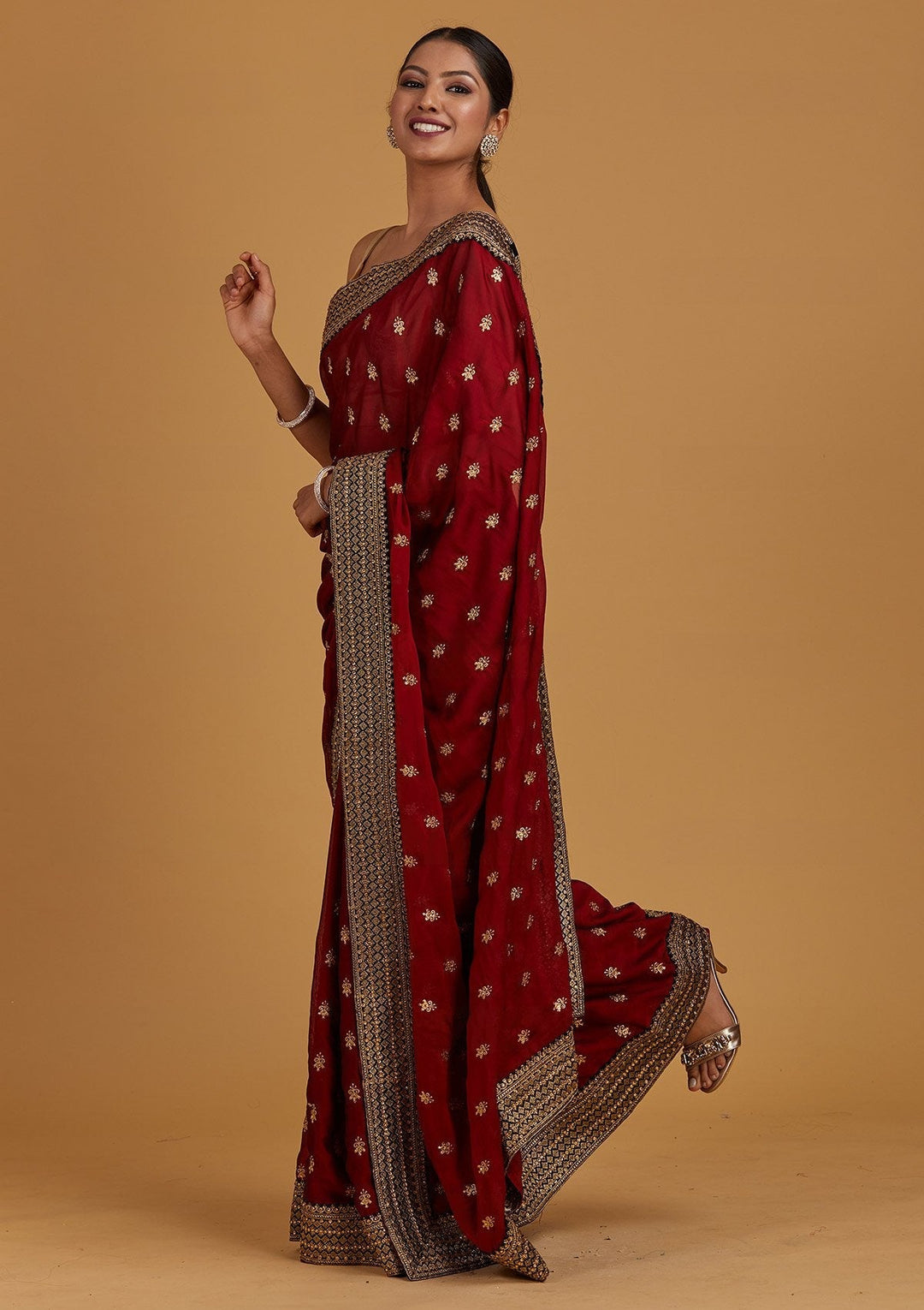 Maroon Zariwork Semi Crepe Designer Saree - Koskii