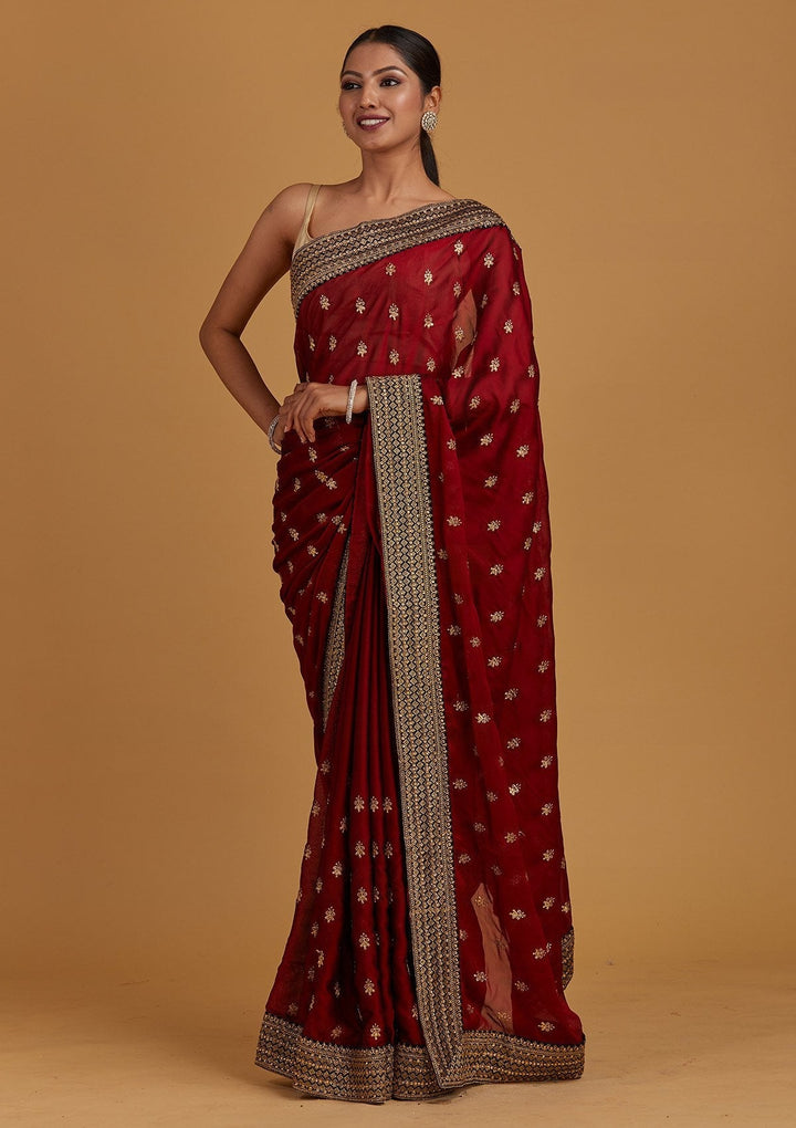 Maroon Zariwork Semi Crepe Designer Saree - Koskii