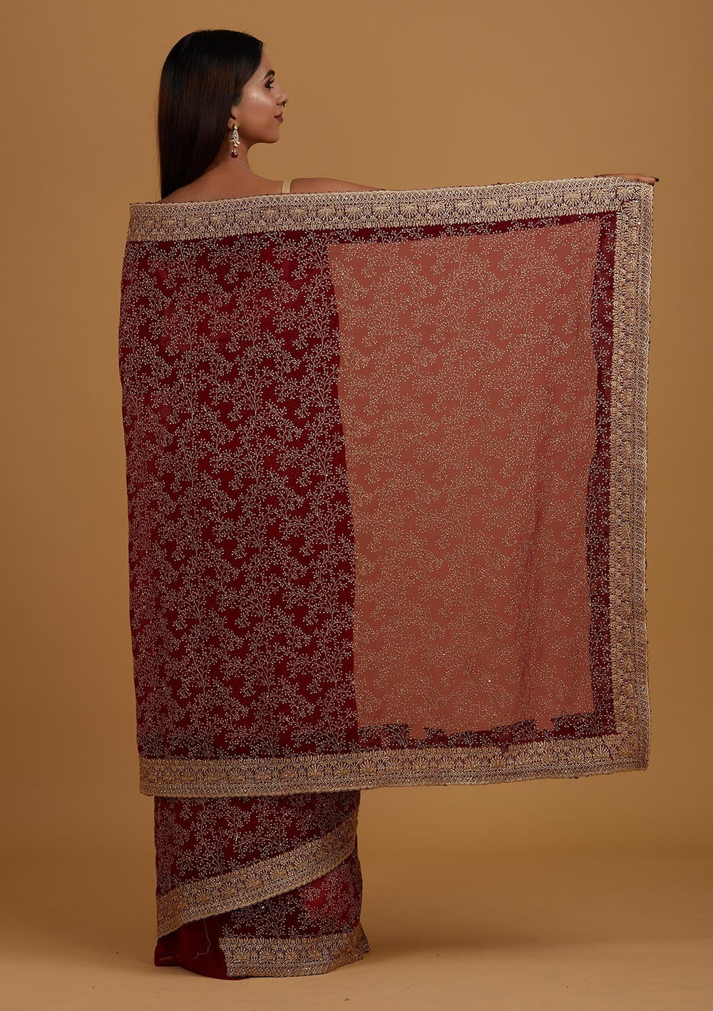 Maroon Zariwork Shimmer Saree - Koskii