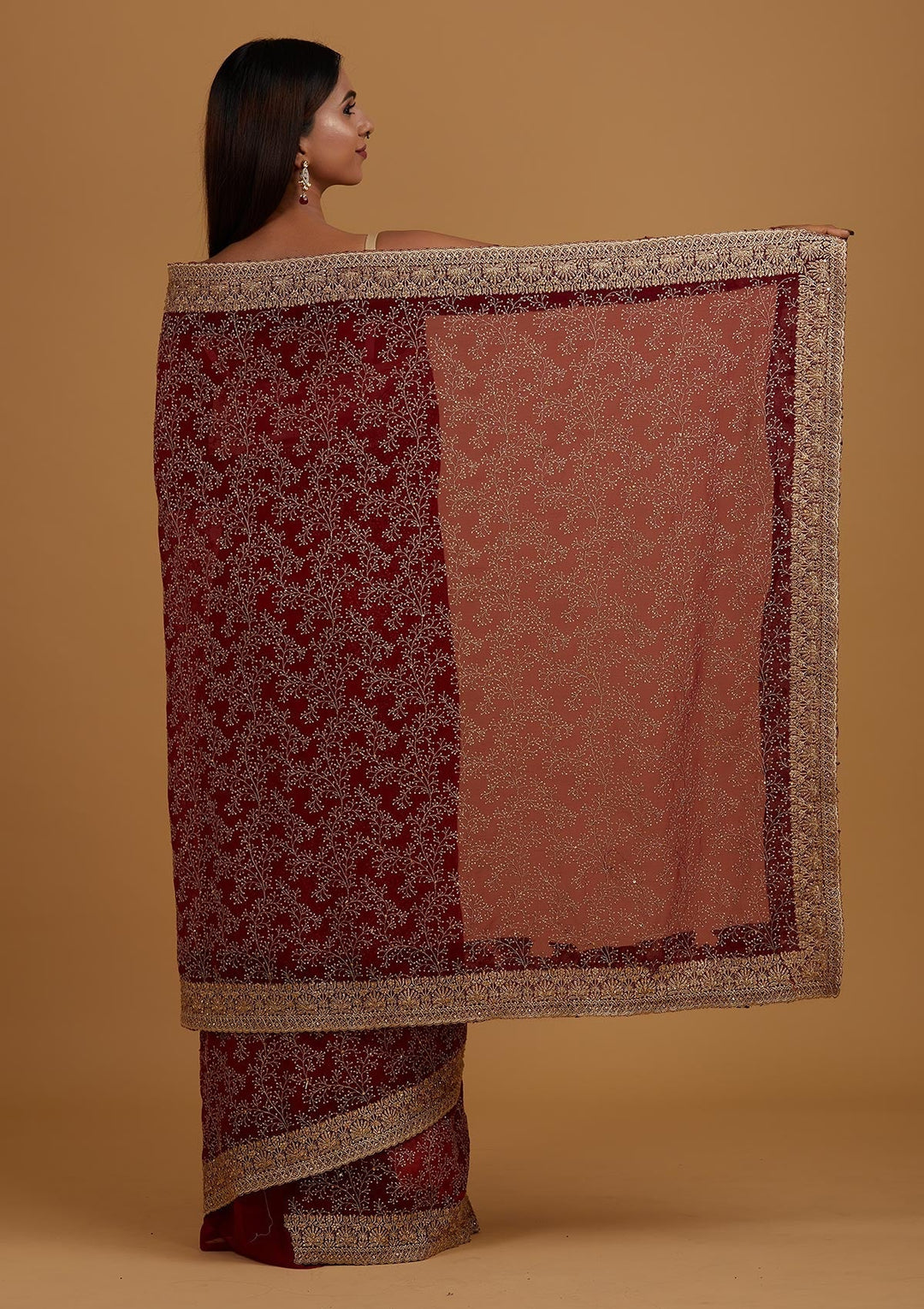 Maroon Zariwork Shimmer Saree - Koskii