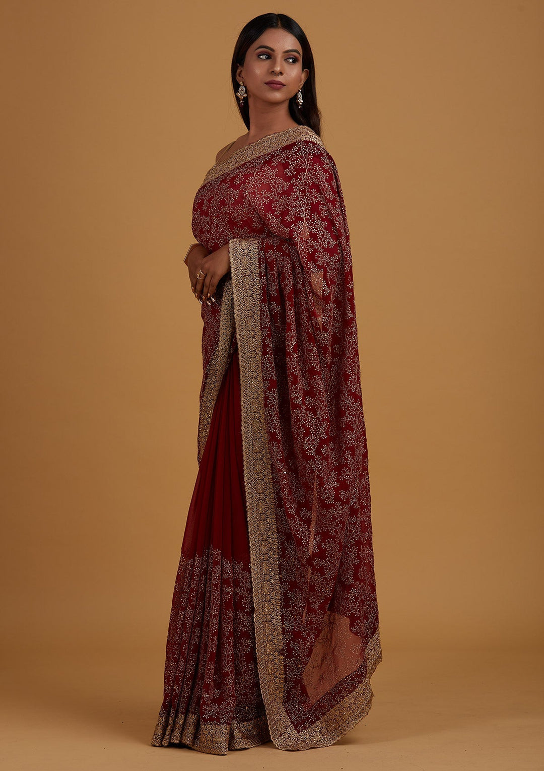 Maroon Zariwork Shimmer Saree - Koskii