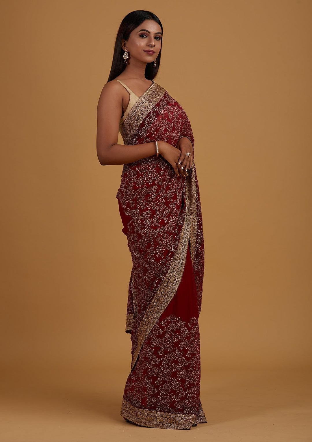 Maroon Zariwork Shimmer Saree - Koskii