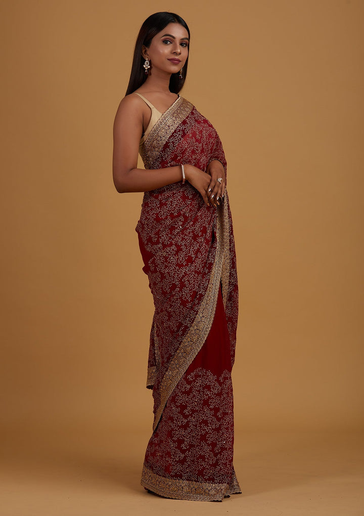 Maroon Zariwork Shimmer Saree - Koskii