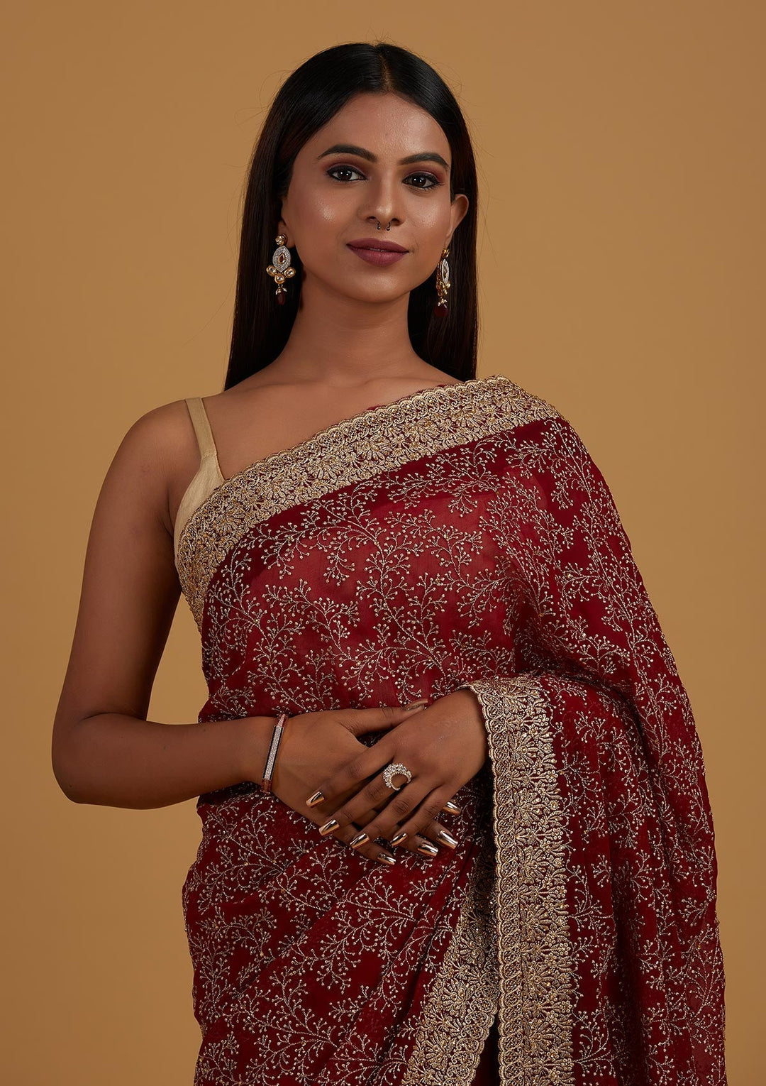 Maroon Zariwork Shimmer Saree - Koskii