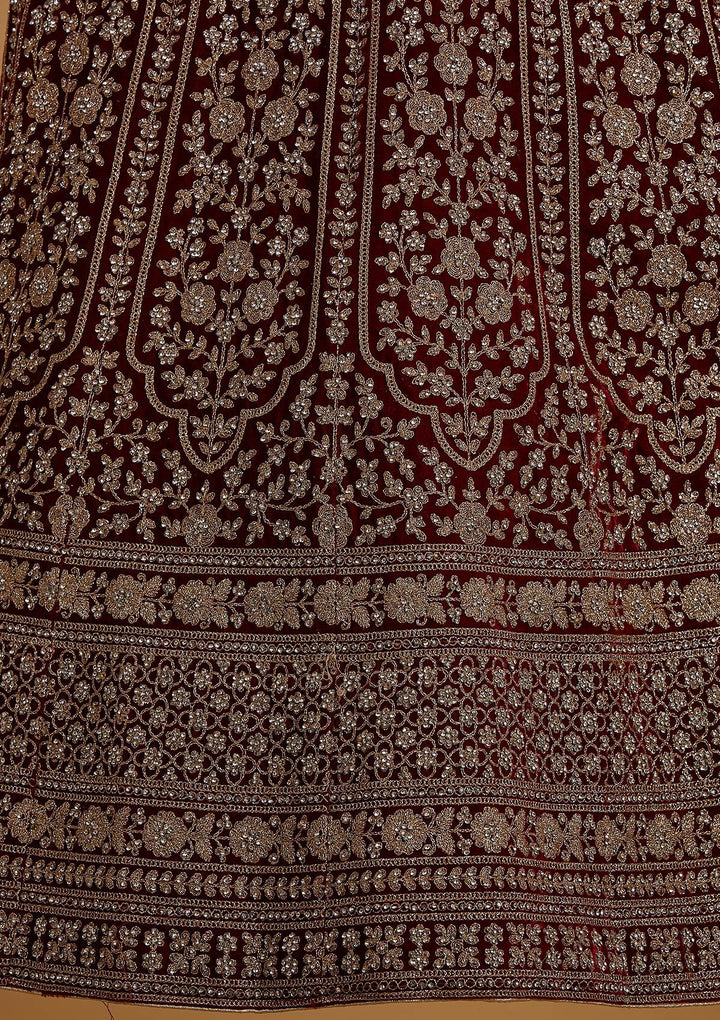 Maroon Zariwork Velvet Designer Semi-Stitched Lehenga - koskii