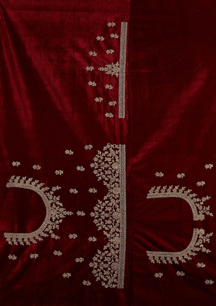 Maroon Zariwork Velvet Designer Semi-Stitched Lehenga - koskii