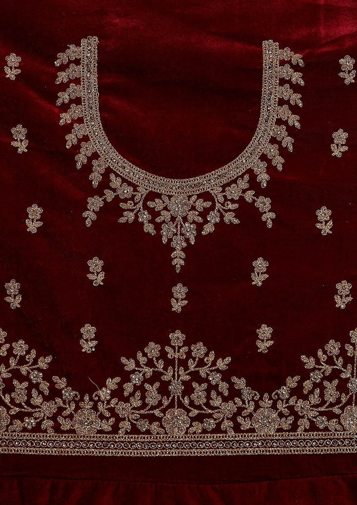 Maroon Zariwork Velvet Designer Semi-Stitched Lehenga - koskii