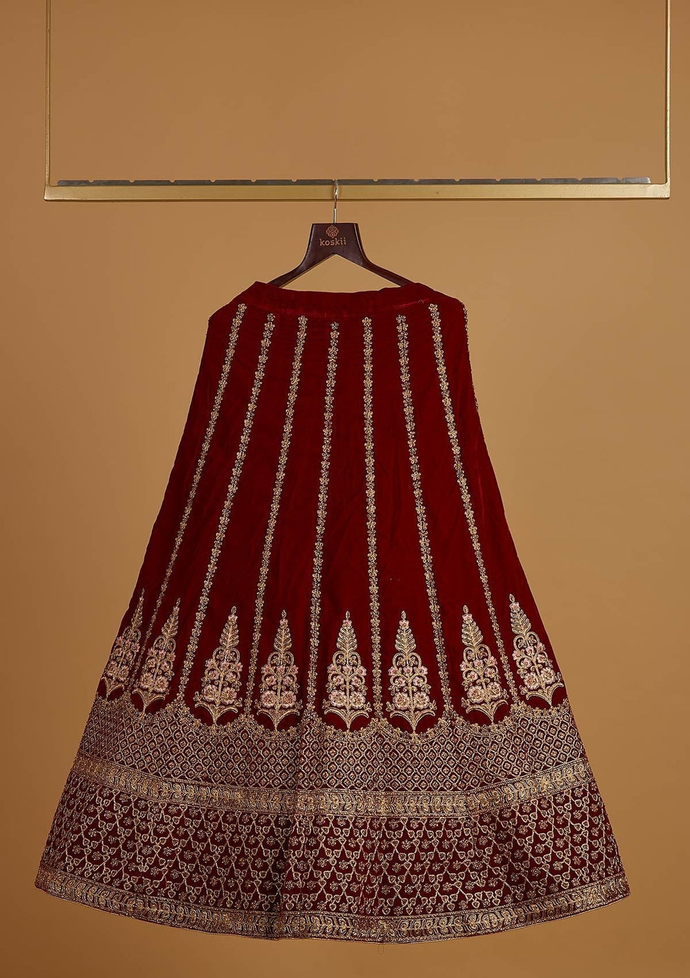 Maroon Zariwork Velvet Designer Semi-Stitched Lehenga - koskii