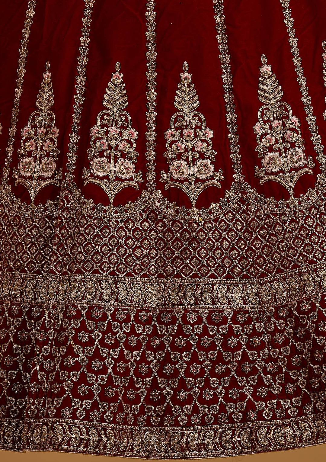 Maroon Zariwork Velvet Designer Semi-Stitched Lehenga - koskii