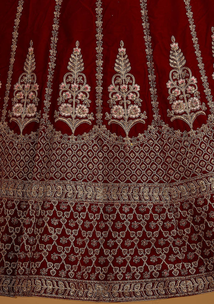 Maroon Zariwork Velvet Designer Semi-Stitched Lehenga - koskii