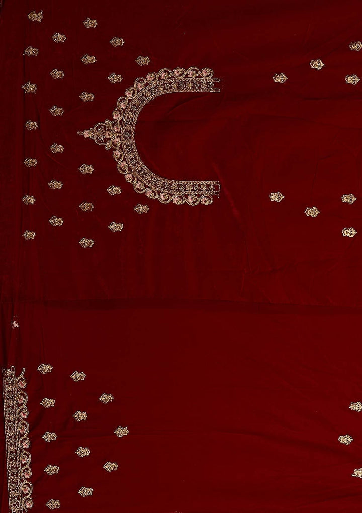 Maroon Zariwork Velvet Designer Semi-Stitched Lehenga - koskii