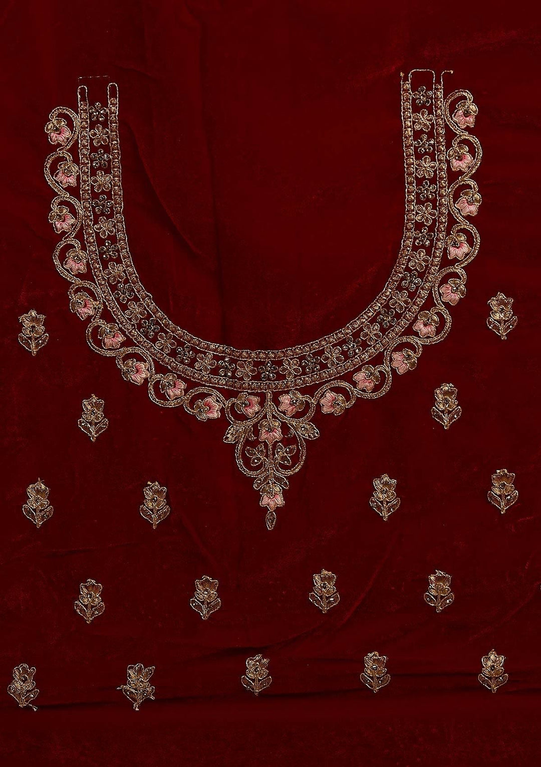 Maroon Zariwork Velvet Designer Semi-Stitched Lehenga - koskii