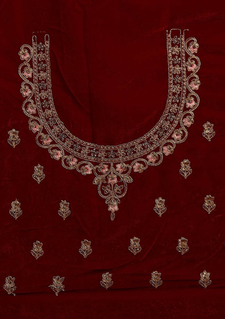 Maroon Zariwork Velvet Designer Semi-Stitched Lehenga - koskii