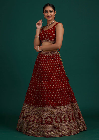 Maroon Zariwork Velvet Designer Semi-Stitched Lehenga - Koskii