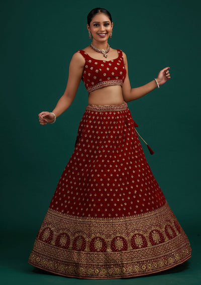 Maroon Zariwork Velvet Designer Semi-Stitched Lehenga - Koskii