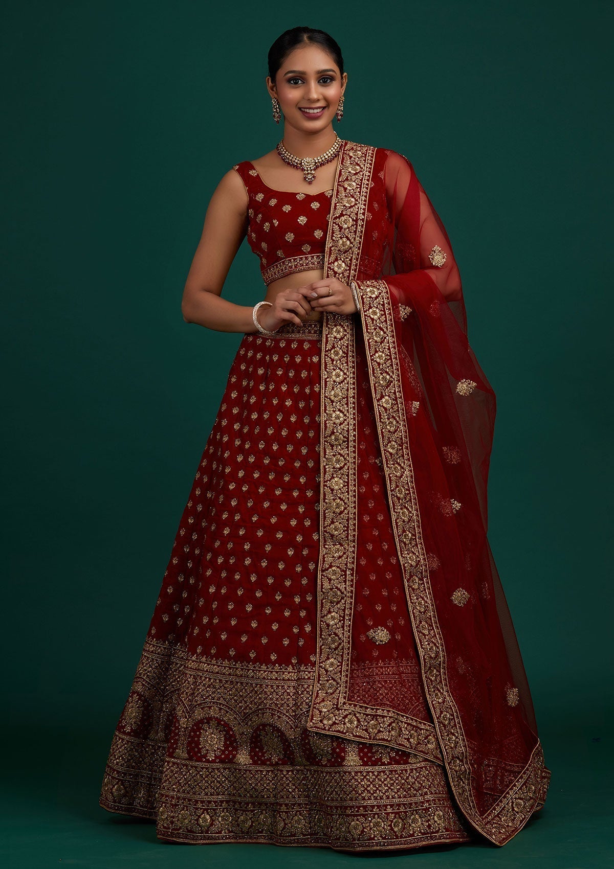 Maroon Zariwork Velvet Designer Semi-Stitched Lehenga - Koskii