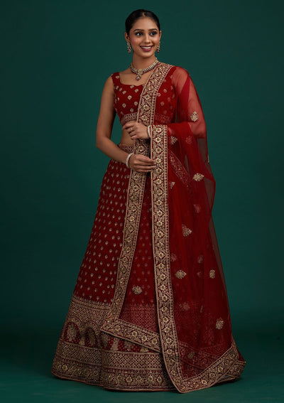 Maroon Zariwork Velvet Designer Semi-Stitched Lehenga - Koskii