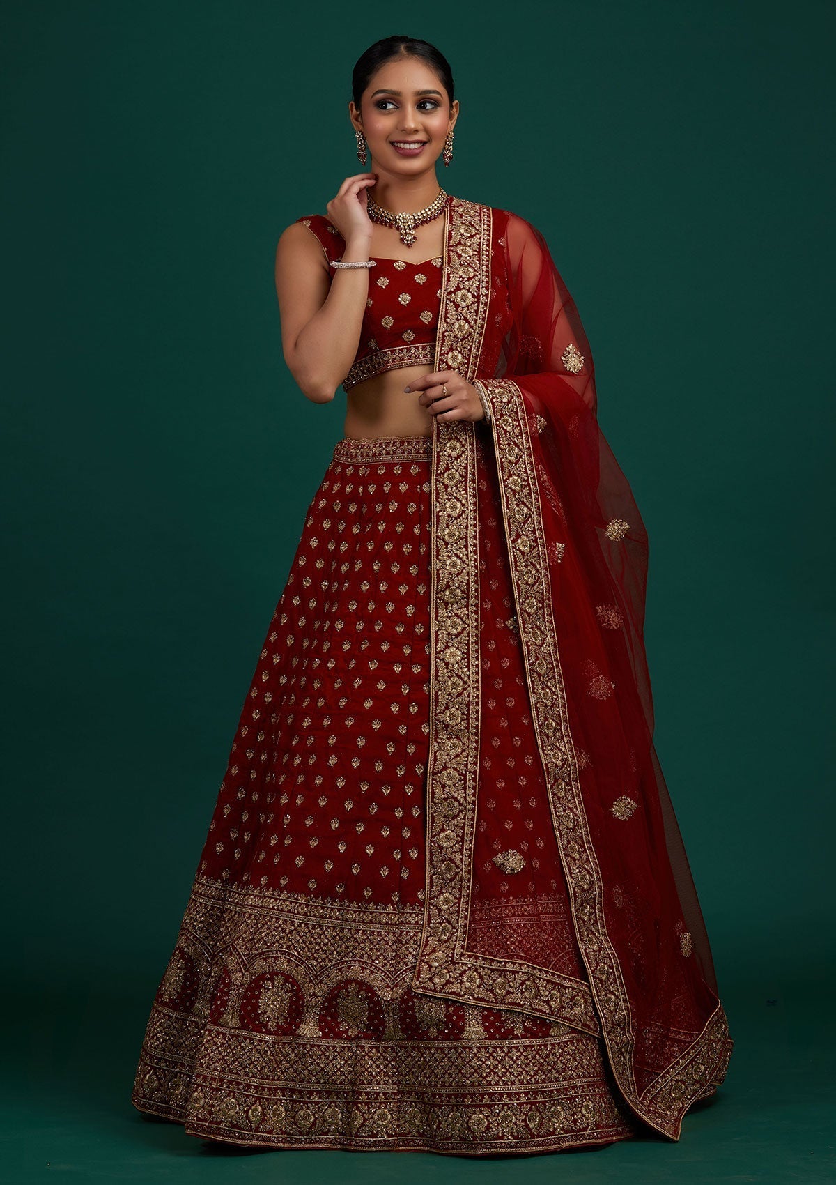 Maroon Zariwork Velvet Designer Semi-Stitched Lehenga - Koskii