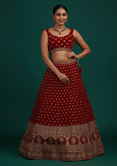 Maroon Zariwork Velvet Designer Semi-Stitched Lehenga - Koskii