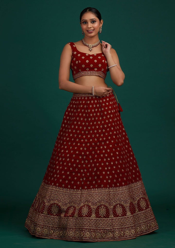 Maroon Zariwork Velvet Designer Semi-Stitched Lehenga - Koskii