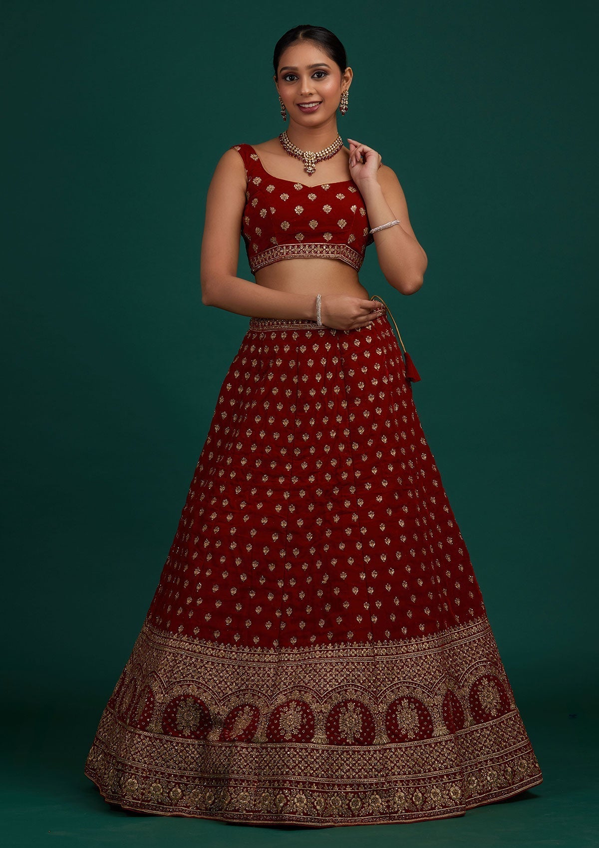 Maroon Zariwork Velvet Designer Semi-Stitched Lehenga - Koskii