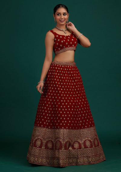 Maroon Zariwork Velvet Designer Semi-Stitched Lehenga - Koskii