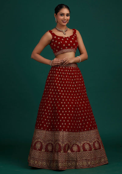 Maroon Zariwork Velvet Designer Semi-Stitched Lehenga - Koskii