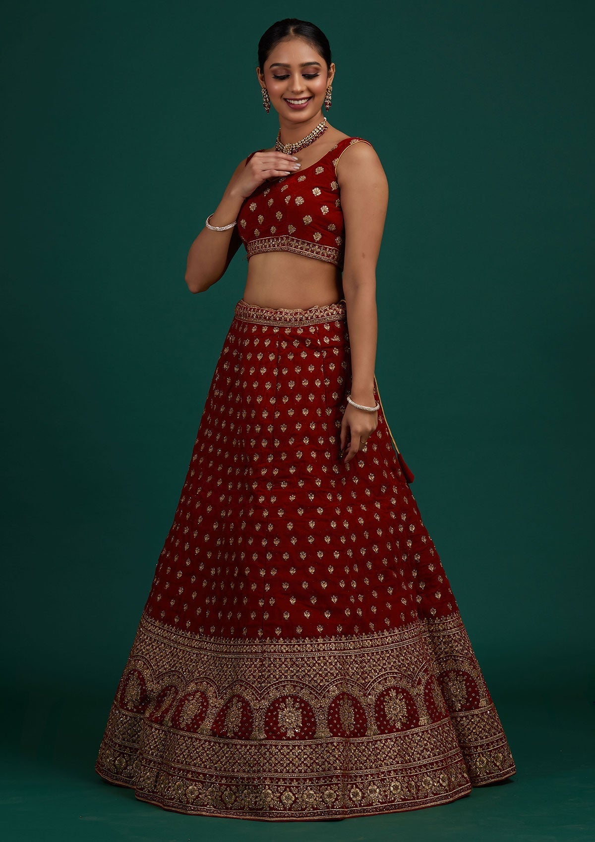 Maroon Zariwork Velvet Designer Semi-Stitched Lehenga - Koskii