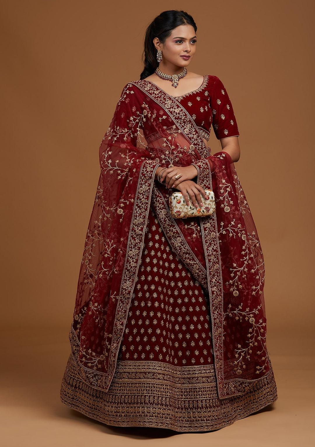 Maroon Zariwork Velvet Designer Lehenga-Koskii