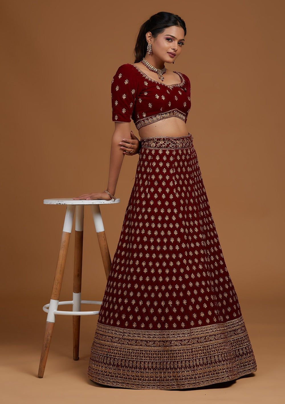 Maroon Zariwork Velvet Designer Lehenga-Koskii
