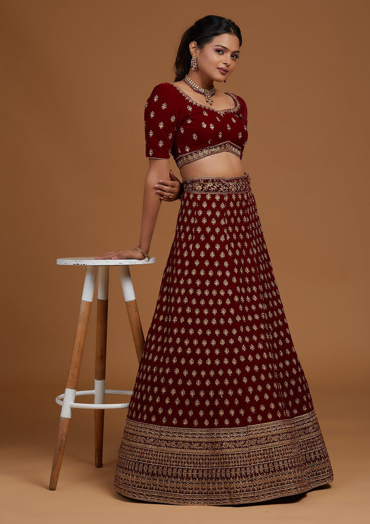 Maroon Zariwork Velvet Designer Lehenga-Koskii