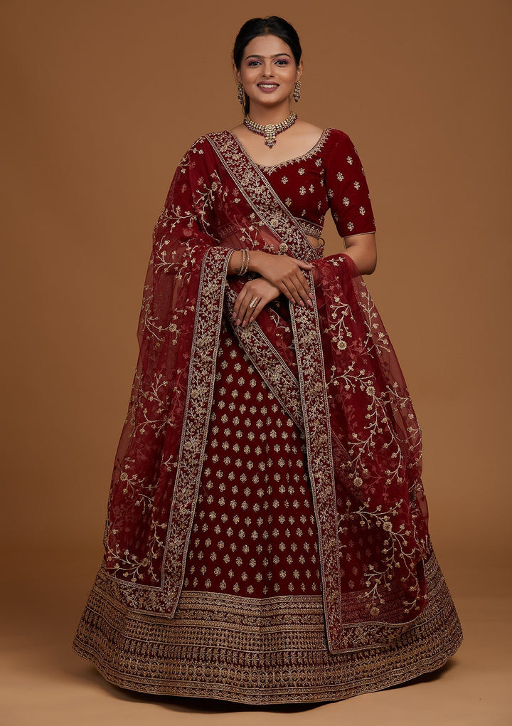 Maroon Zariwork Velvet Designer Lehenga-Koskii