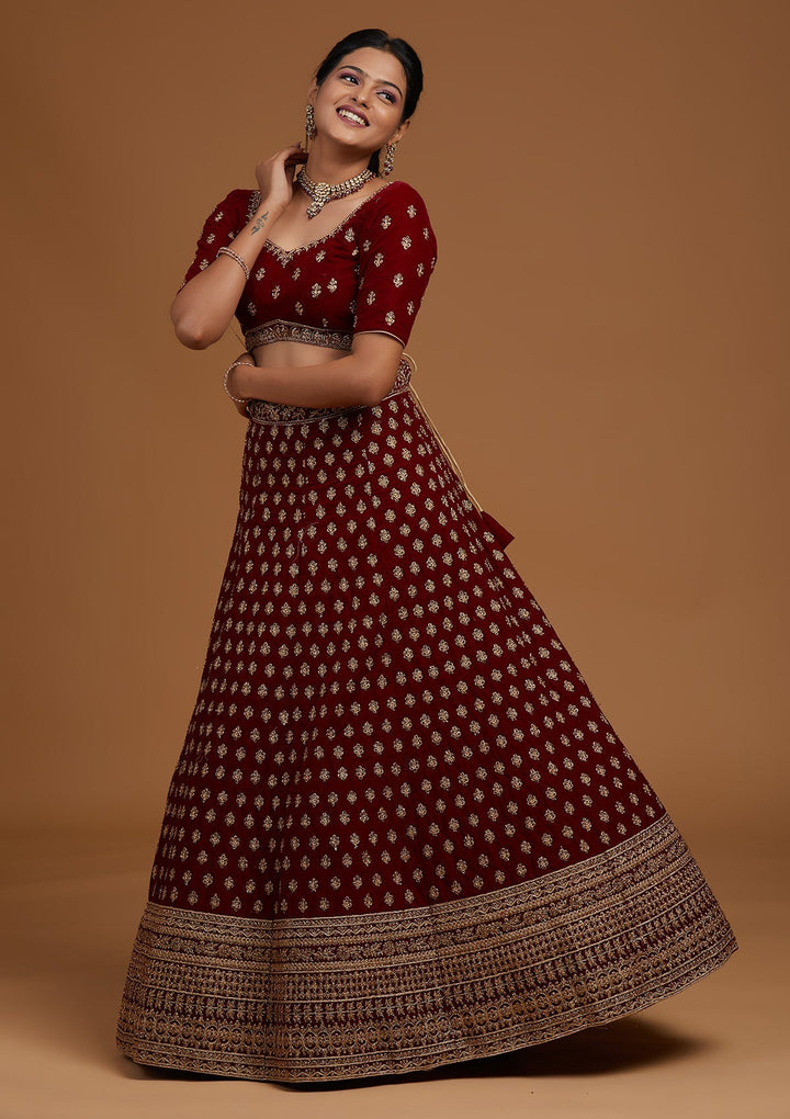 Maroon Zariwork Velvet Designer Lehenga-Koskii