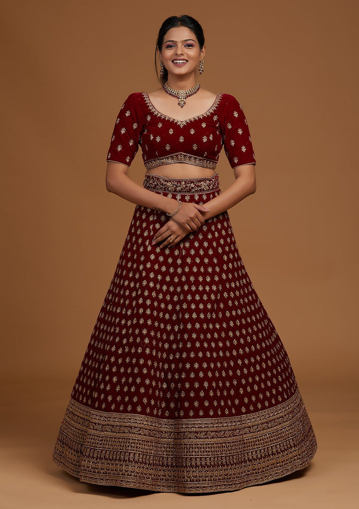 Maroon Zariwork Velvet Designer Lehenga-Koskii