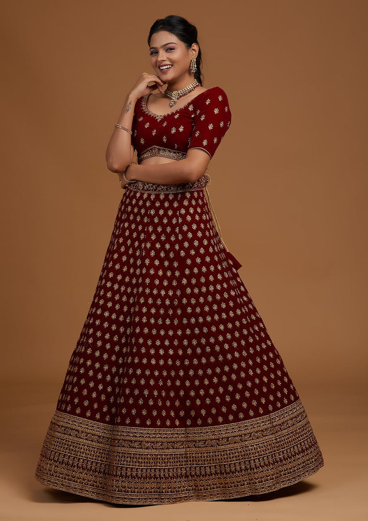 Maroon Zariwork Velvet Designer Lehenga-Koskii