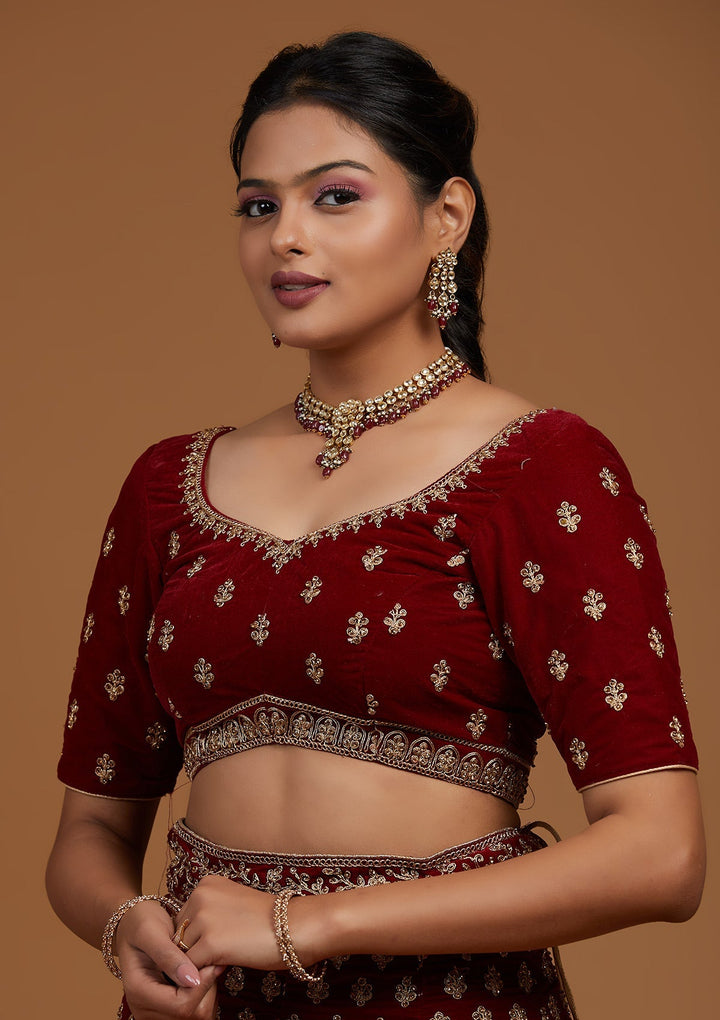 Maroon Zariwork Velvet Designer Lehenga-Koskii